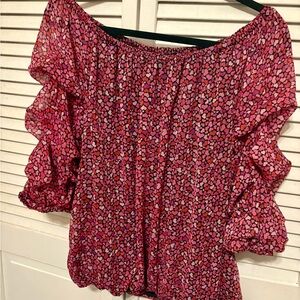 CeCe Pink and Red Patterned Off-Shoulder Blouse